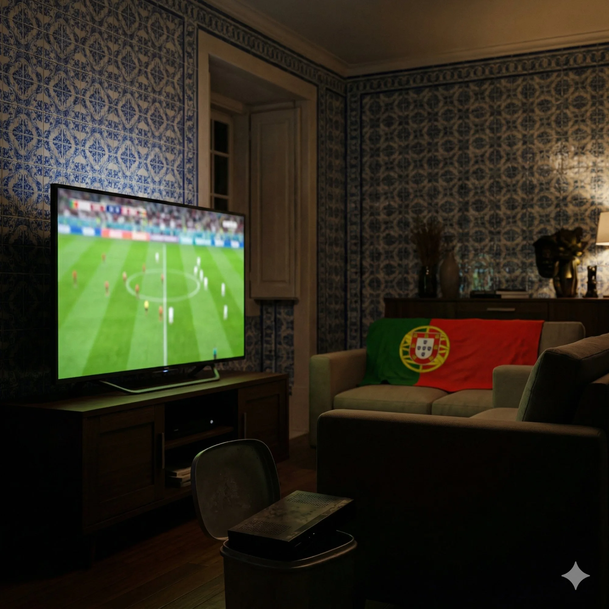 IPTV Portugal sala de estar com azulejos portugueses e futebol na TV 4K